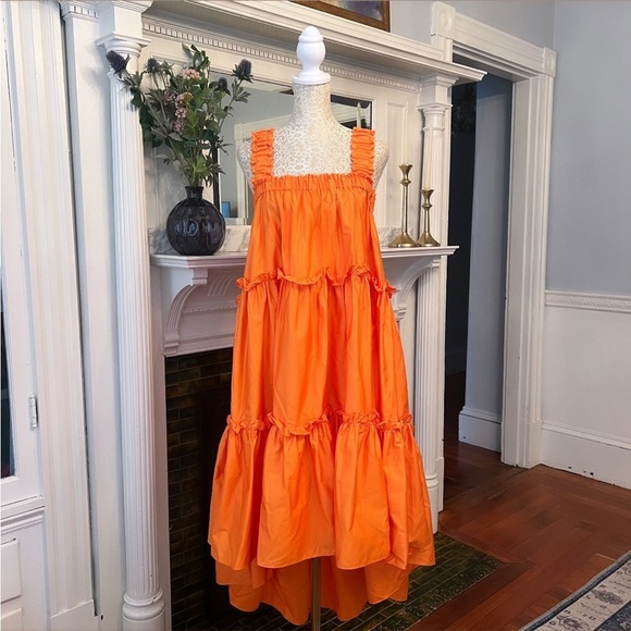 DEVOTION TWINS Bright Orange Cotton Poplin Sleeveless High-Lo Midi Dress OSFM - Picture 4 of 15